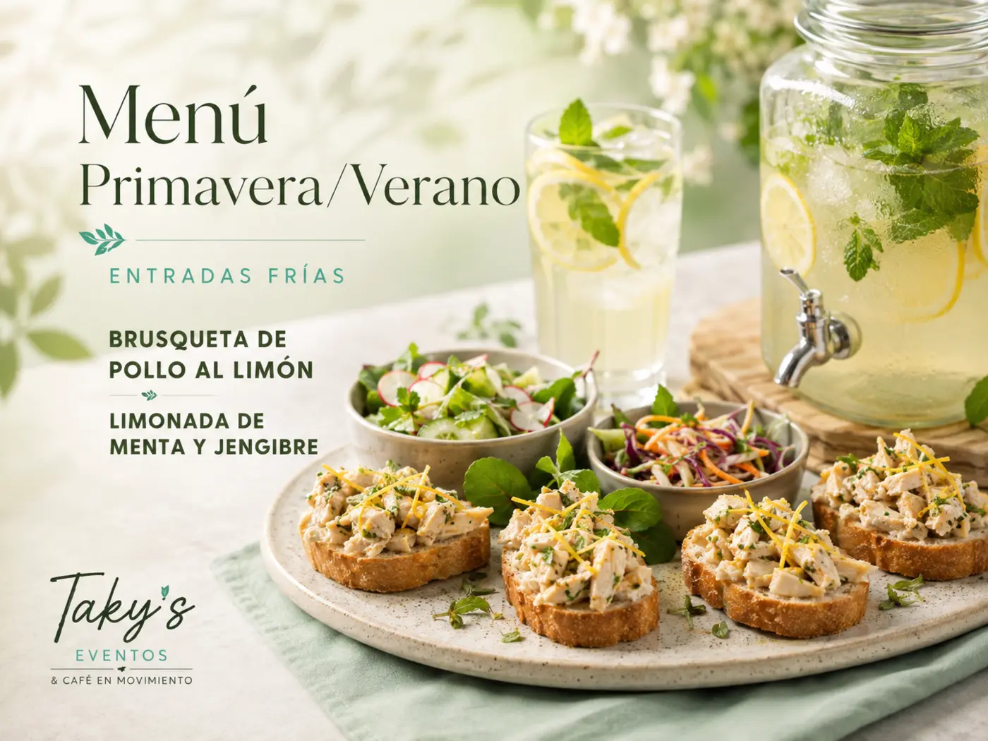 Presentación del menú de primavera y verano con entradas frescas y limonada